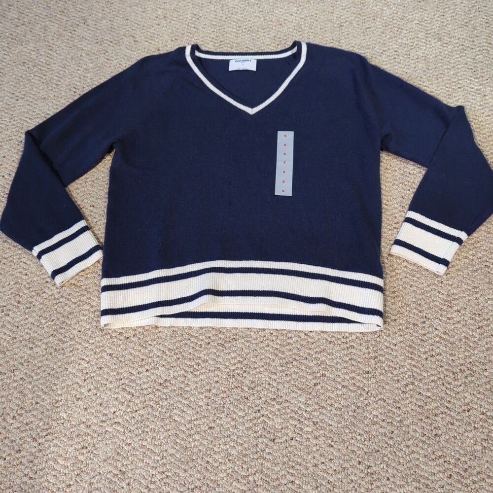 Old Navy So Soft V Neck Pullover Sweater Womens Small Blue White Stripe Academia